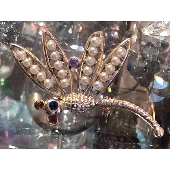 Gold-Tone Dragonfly Brooch With Faux Pearls & Multi-Color Rhinestones Elegant Je - Picture 5 of 8